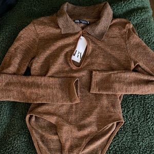 Brown Collared High Cut Bodysuit